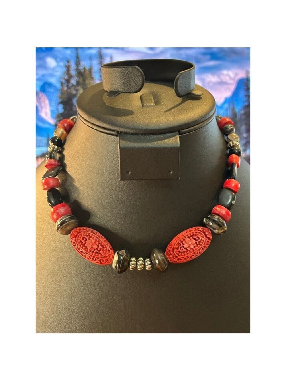 Womens Unbranded Necklace Red Black Beaded stone, coral, glass & acrylic